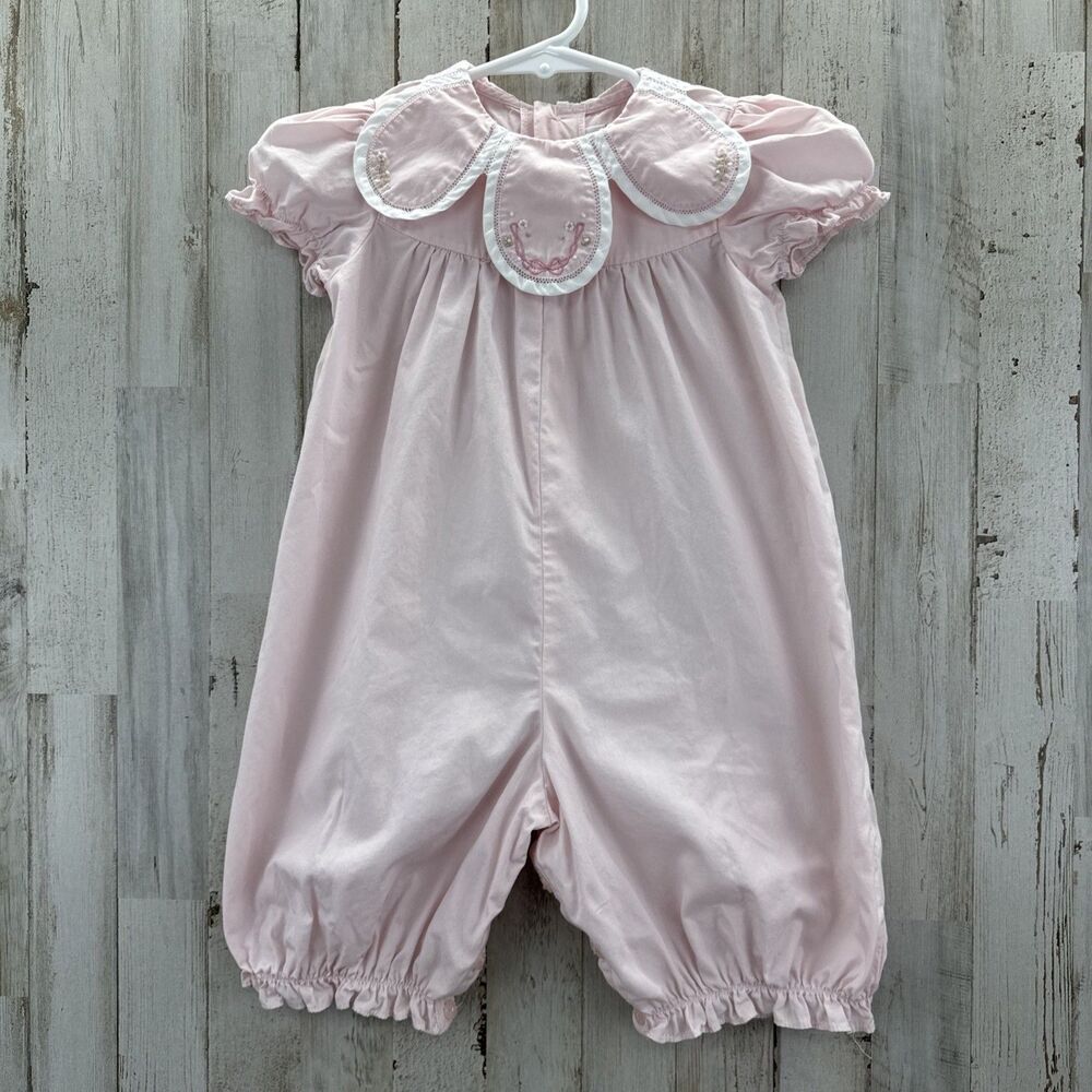 Sophie & Lucas Pink Embroidered Petal Neckline All Cotton Bubble Romper 18mo